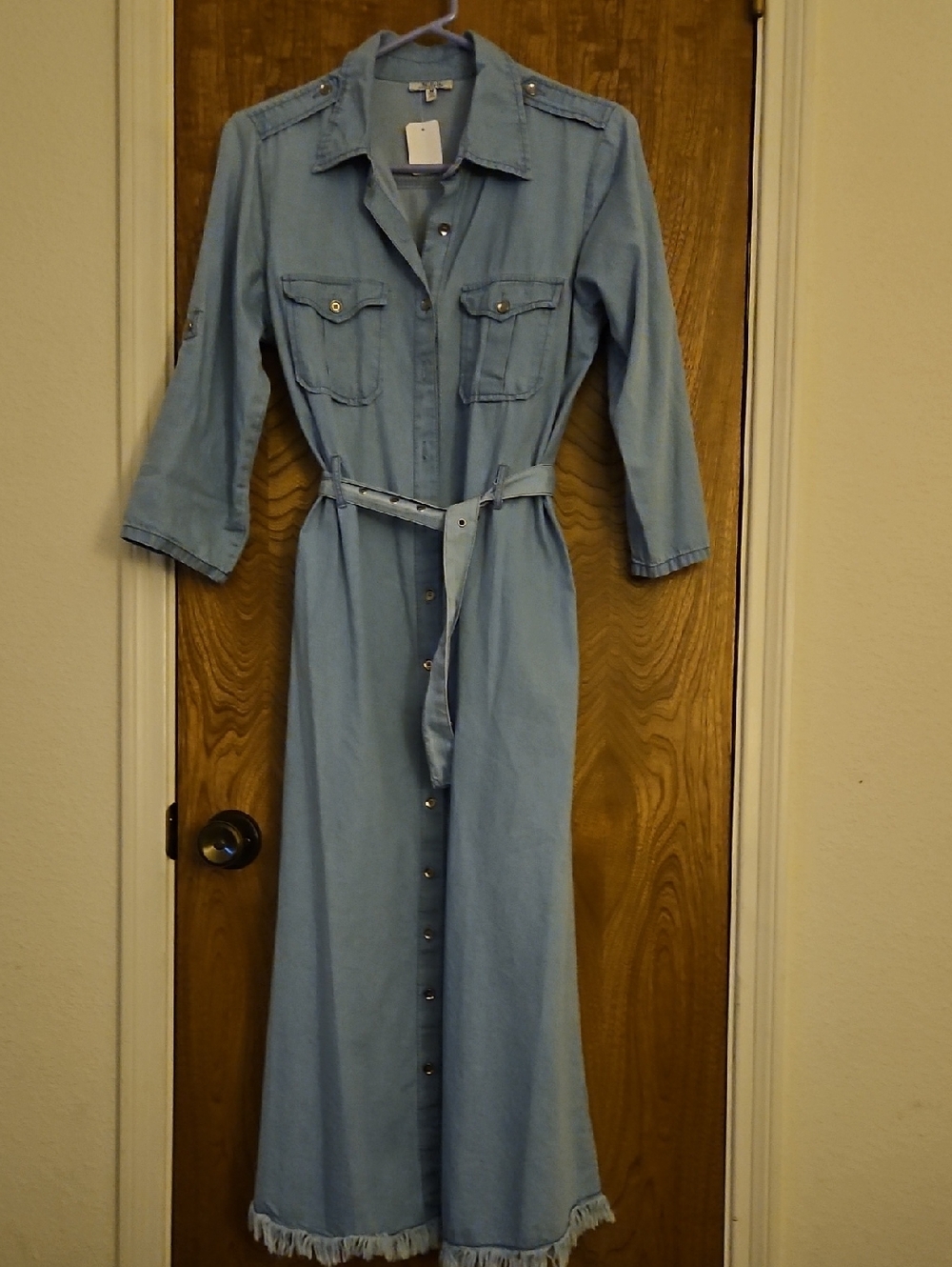 Light Wash Denim Button-Front Maxi Shirt Dress